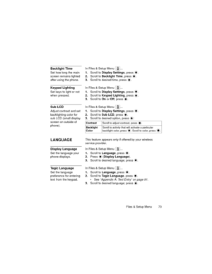 Page 77Files & Setup Menu  73
Backlight TimeIn Files & Setup Menu  ...
Set how long the main 
screen remains lighted 
after using the phone.1.Scroll to Display Settings, press  .
2.Scroll to Backlight Time, press  .
3.Scroll to desired time, press  .
Keypad LightingIn Files & Setup Menu  ...
Set keys to light or not 
when pressed.1.Scroll to Display Settings, press  .
2.Scroll to Keypad Lighting, press  .
3.Scroll to On or Off, press  .
Sub LCDIn Files & Setup Menu  ...
Adjust contrast and set 
backlighting...