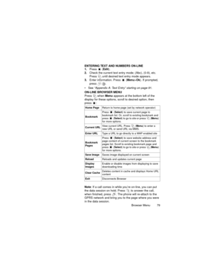 Page 83Browser Menu  79 ENTERING TEXT AND NUMBERS ON-LINE
1.Press 
 (Edit).
2.Check the current text entry mode; (Abc), (0-9), etc. 
Press 
 until desired text entry mode appears.
3.Enter information. Press 
 (Menu>Ok). If prompted, 
press 
 ().
See “Appendix A: Text Entry” starting on page 91.
ON-LINE BROWSER MENU
Press 
 when Menu appears at the bottom left of the 
display for these options, scroll to desired option, then 
press : 
Note: If a call comes in while you’re on-line, you can put 
the data session...