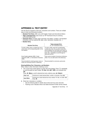 Page 95Appendix A: Text Entry    91
APPENDIX A: TEXT ENTRY
Use the phone’s keypad to enter text, characters and numbers. There are multiple 
ways to enter text/characters/numbers:
Standard Text Entry (ABC entry with English, Greek and international letters)
Tegic Language Entry (also known as T9
® Text/Quick Entry for entering 
commonly-used words)
Character Entry (includes upper and lower case letters, numbers, and standard 
characters such as a period, @, slash, colon, semicolon, brackets, etc....)
Number...