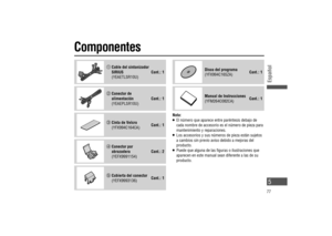 Page 5Componentes

  Cable del sintonizador 
SIRIUS
(YEAETLSR10U)Cant.: 1

  Conector de 
alimentación
(YEAEPLSR10U)Cant.: 1

  Cinta de Velcro
(YFX994C164CA)Cant.: 1

  Conector por 
abrazadera
(YEFX9991154)Cant.: 2

  Cubierta del conector
(YEFX9993136)Cant.: 1
Disco del programa
(YFX994C165ZA)Cant.: 1
Manual de Instrucciones
(YFM264C082CA)Cant.: 1
Nota:
   El número que aparece entre paréntesis debajo de 
cada nombre de accesorio es el número de pieza para 
mantenimiento y reparaciones. 
   Los...