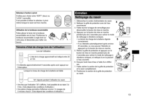 Page 1313
 Français
Sélecteur d’action à pivot
S’utilise pour choisir entre “SOFT” (doux) ou 
“LOCK” (verrouillé).
Il est possible d’utiliser le sélecteur à pivot 
même lorsque le rasoir est hors marche.
Utilisation de la tondeuse escamotable
Faites glisser le levier de la tondeuse 
escamotable vers le haut. Positionnez la 
tondeuse escamotable à angle droit sur 
votre peau et descendez pour tailler vos 
favoris.
Témoins d’état de charge lors de l’utilisation
Lors de l’utilisation
L’état de la charge...