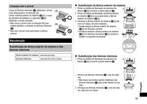 Page 3535
Português
Limpeza com o pincel
Limpe as lâminas interiores [C] utilizando o pincel 
curto deslocando-o na direcção (A).
Limpe a lâmina exterior do sistema [
B2], o corpo 
do aparelho de barbear e o aparador [D:] 
utilizando o pincel comprido. Não mova o pincel curto na direcção (B) pois 
poderá
 	danificar	e	embotar	as	lâminas	interiores	
[
C].
Não use o pincel curto para limpar a lâmina 
exterior.
•
•
(A)
(B)
Manutenção
Substituição da lâmina exterior do sistema e das 
lâminas interiores
lâmina...