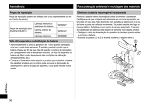 Page 3636
Português
Assistência
Peças de reposição
Peças de reposição podem ser obtidas com o seu representante ou\
 em 
um Centro de serviço.
Peças de reposição para 
ES-RF41/ES-RF31Lâminas interiores e 
exteriores do sistema
WES9027
Lâmina exterior do 
sistema WES9167
Lâminas interiores WES9068
Vida útil esperada e substituição da bateria
Aproximadamente 3 anos (a garantia é de 1 ano) quando carregada 
uma vez a cada duas semanas. É também possível concluir que a 
bateria 	chegou	ao	fim	da	sua	vida	útil...