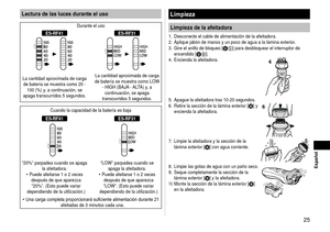 Page 255
 Español
Lectura de las luces durante el uso
Durante el uso
ES‑RF41ES‑RF31
La cantidad aproximada de carga 
de batería se muestra como 20 -  100 (%) y, a continuación, se 
apaga transcurridos 5 segundos. La cantidad aproximada de carga 
de batería se muestra como LOW  - HIGH (BAJA - ALTA) y, a continuación, se apaga 
transcurridos 5 segundos.
Cuando la capacidad de la batería es baja
ES‑RF41ES‑RF31
“20%” parpadea cuando se apaga  la afeitadora.
Puede afeitarse 1 o 2 veces  después de que aparezca...