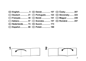 Page 22
GB English ����������������� 5
D Deutsch ������������� 21
F Français ������������� 39
I Italiano ��������������� 57
NL Nederlands �������� 73
E Español �������������� 89
DK Dansk ��������������� 107
P Português �������� 123
N Norsk ��������������� 141
S Svenska ����������� 157
FIN Suomi ��������������� 173
PL Polski ��������������� 189
CZ Česky ��������������� 207
SK Slovensky �������� 223
H Magyar ������������� 239
RO Română ����������� 257 