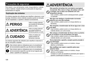 Page 126126
Precauções de segurança
Para	reduzir	o	risco	de	ferimentos,	morte,	choque	eléctrico,	incêndio	e	 danos 	 materiais, 	 respeite 	 sempre 	 as 	 precauções 	 de 	 segurança 	
apresentadas

	 em 	 seguida.
Explicação dos símbolos
Os	símbolos	seguintes	são	utilizados	para	classificar	e	descrever	o	nível	de	 perigo, 	 ferimentos 	 e 	 danos 	 materiais 	 causados 	 quando 	 as 	 instruções 	
não

	 são 	 respeitadas 	 e 	 o 	 aparelho 	 é 	 utilizado 	 incorrectamente.
PERIGO
Indica	um	perigo	potencial...