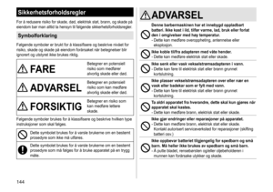 Page 144144
Sikkerhetsforholdsregler
For	å	redusere	risiko	for	skade,	død,	elektrisk	støt,	brann,	og	skade	på	eiendom	 bør 	 man 	 alltid 	 ta 	 hensyn 	 til 	 følgende 	 sikkerhetsforholdsregler.
Symbolforklaring
Følgende	symboler	er	brukt	for	å	klassifisere	og	beskrive	nivået	for	risiko,	 skade 	 og 	 skade 	 på 	 eiendom 	 forårsaket 	 når 	 betegnelser 	 blir 	
ignorert

	 og 	 utstyret 	 ikke 	 brukes 	 riktig.
FARE
Betegner	en	potensiell	risiko	 som 	 medfører 	
alvorlig

	 skade 	 eller 	 død.
ADVARSEL...