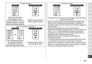 Page 265265
RO
H
SK
CZ
PL
FIN
S
N
P
DK
E
NL
I
F
D
GBÎn	timpul	încărcării	ES-RT67ES-RT47/ES-RT37
Indicatorul	luminos	stare	de	încărcare	 ()	se	aprinde.
Numărul
	
indicatorului 	 luminos 	 de 	
capacitate

	
a
	
bateriei 	 va 	 creşte 	 pe 	
măsură

	
ce
	
încărcarea 	 avansează.Indicatorul	luminos	stare	de	încărcare 	 ()	se	aprinde.
După	ce	încărcarea	s-a	terminatES-RT67ES-RT47/ES-RT37
		Toate	indicatoarele	luminoase	de	 capacitate 	 a 	 bateriei 	 se 	
aprind

	 timp 	 de 	 5 	 secunde 	 şi 	
apoi

	
toate...