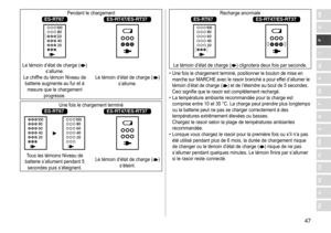 Page 4747
RO
H
SK
CZ
PL
FIN
S
N
P
DK
E
NL
I
F
D
GBPendant	le	chargement	ES-RT67ES-RT47/ES-RT37
Le	témoin	d’état	de	charge	()	s’allume.
Le
	
chiffre
	
du
	
témoin
	
Niveau
	
de 	
batterie

	
augmente
	
au
	
fur
	
et
	
à
	
mesure

	
que
	
le
	
chargement
	
progresse. Le

	 témoin 	 d’état 	 de 	 charge 	 (
)	s’allume.
Une	fois	le	chargement	terminéES-RT67ES-RT47/ES-RT37
		Tous	les	témoins	Niveau	de	batterie	 s’allument 	 pendant 	 5 	
secondes

	 puis 	 s’éteignent. Le
	 témoin 	 d’état 	 de 	 charge 	 ()...