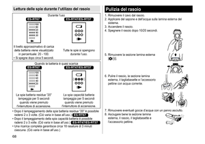 Page 6868
Lettura delle spie durante l’utilizzo del rasoio
Durante	l’usoES-RT67ES-RT47/ES-RT37
Il	livello	approssimativo	di	carica	della	 batteria 	 viene 	 visualizzato 	
in

	 percentuale: 	 20 	 - 	 100.
	• Si	 spegne 	 dopo 	 circa 	 5 	 secondi.
Tutte	le	spie	si	spengono	durante
	 l’uso.
Quando	la	batteria	è	quasi	scaricaES-RT67ES-RT47/ES-RT37
La	spia	batteria	residua	“20”	lampeggia	 per 	 5 	 secondi 	
quando

	 viene 	 premuto 	
l'interruttore

	 di 	 accensione. La
	 spia 	 capacità 	 batteria...