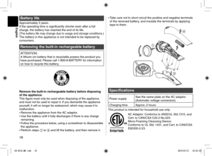 Page 1818
• Take care not to short circuit the positive and negative terminals 
of the removed battery, and insulate the terminals by applying 
tape to them.



Specifications
Power supply
See the name plate on the AC adaptor.
(Automatic voltage conversion)
Charging time Approx. 2 hours
This product is intended for household use only.
AC Adaptor: Conforms to ANSI/UL Std.1310, and 
Cert. to CAN/CSA C22.2 No.223.
Micro-Foaming Cleansing Device: 
 Conforms to UL Std. 1431, and Cert. to CAN/CSA 
E60335-2-23....