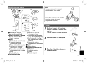 Page 2727
Français
Identifi cation des pièces


















 

Arrière
 Brosse douce de style japonais [brosse douce]
 Brosse en silicone pour le nettoyage 
des pores [brosse en silicone]
1 Partie en silicone Boîtier Distributeur de savon-mousse Voyant  d’indication/de notifi cation de charge
4 Plaque chauffante de démaquillage Compartiment du produit nettoyant pour le visage 
 Couvercle du compartiment du 
produit nettoyant pour le visage
 Prise Cache de la prise Panneau...