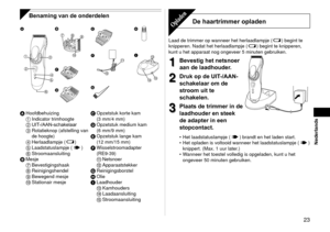 Page 23  3
Nederlands
Benaming van de onderdelen

 




 


 




  



A  Hoofdbehuizing
1  Indicator trimhoogte
2  UIT
-/AAN-schakelaar
3 Rotatieknop (afstelling van 
de hoogte)
4  Herlaadlampje (
)
5  Laadstatuslampje ()
6  Stroomaansluiting
B  Mesje
7  Bevestigingshaak
8  Reinigingshendel
9  Bewegend mesje
  Stationair mesje C 
Opzetstuk korte kam  
(3

 mm/4 mm)
D  Opzetstuk medium kam 
(6

 mm/9 mm)
E  Opzetstuk lange kam 
(12

 mm/15 mm)
F  Wisselstroomadapter 
(RE9‑39)
;...