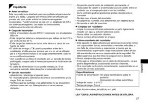 Page 27  7
Español
Importante
Antes de utilizar
Este recortador esta diseñado para uso profesional para recortar 
el pelo y la barba. Cárguelo por 8 horas antes de utilizarlo por 
primera vez para poder activar las baterías recargables 
incorporadas. Puede funcionar ya sea con un adaptador de CA o 
con baterías recargables. Lea todas las instrucciones 
cuidadosamente antes de utilizarlo. 
Carga del recortador 
Utilice el recortador de pelo ER1611 solamente con el adaptador 
RE9‑39.
Evite cargar las...