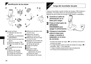 Page 288
Español
Identificación de las piezas

 




 


 




  



A  Cuerpo principal
1  Indicador de altura de 
recorte
2  Interruptor de 
 APAGADO/
ENCENDIDO
3  Dial (Control de ajuste de 
altura)
4  Piloto de recarga (
)
5  Piloto de estado de carga 
(
)
6  Receptáculo de clavija
B  Cuchilla
7  Gancho de montaje
8  Palanca de limpieza
9  Cuchilla de movimiento
  Cuchilla estacionaria C 
Aditamento de peine corto 
(3

 mm/4 mm)
D  Aditamento de peine 
mediano (6

 mm/9 mm)
E...