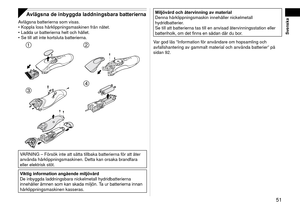 Page 51 51
Svenska
Avlägsna de inbyggda laddningsbara batterierna
Avlägsna batterierna som visas.
Koppla loss hårklippningsmaskinen från nätet.
Ladda ur batterierna helt och hållet.
Se till att inte kortsluta batterierna. 
 
 
VARNING – Försök inte att sätta tillbaka batterierna för a\
tt åter 
använda hårklippningsmaskinen. Detta kan orsaka brandfara 
eller elektrisk stöt. 
Viktig information angående miljövård
De inbyggda laddningsbara nickelmetall hydridbatterierna 
innehåller ämnen som kan skada miljön....