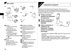Page 5858
Polski
Opis części

 




 


 




  



A  Korpus
1  Wskaźnik wysokości 
przycinania
2  Przycisk OFF/ON
3  Pokrętło (Regulacja 
wysokości)
4  Kontrolka ładowanie 
akumulatora (
)
5  Kontrolka stanu ładowania 
(
)
6  Gniazdko
B  Ostrze
7  Hak mocujący
8  Dźwignia czyszczenie
9  Ruchome ostrze
  Ostrze nieruchome C 
Nasadka do krótkiego 
przycinania (3

 mm/4 mm)
D  Nasadka do przycinania na 
średnią długość (6

 mm/
9 mm)
E  Nasadka do przycinania na 
dużą długość (12

 mm/...