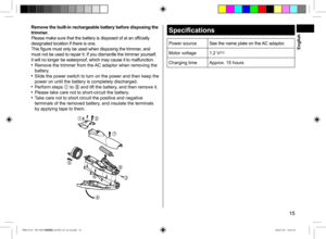 Page 1515
Remove the built-in rechargeable battery before disposing the 
trimmer.
Please make sure that the battery is disposed of at an officially 
designated location if there is one. 
This figure must only be used when disposing the trimmer, and 
must not be used to repair it. If you dismantle the trimmer yourself, 
it will no longer be waterproof, which may cause it to malfunction.
 Remove the trimmer from the AC adaptor when removing the 
battery.
 Slide the power switch to turn on the power and then keep...