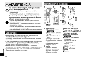 Page 4040
 Español
ADVERTENCIA
Trasretirarlabateríarecargable,manténgalafueradelalcance de  los  bebés  y  los  niños �
-	La	batería	produciría	lesiones	corporales	si	se	ingiriera	accidentalmente.	
Si
	 esto 	 sucediera, 	 consulte 	 con 	 un 	 médico 	 inmediatamente.
Siellíquidodelabateríasefiltrahaciafuera,sigalosprocedimientos que  se  indican  a  continuación � No  toque...