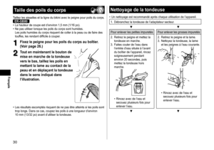 Page 3030
Français
Tailledespoilsducorps
Taillez	les	aisselles	et	la	ligne	du	bikini	avec	le	peigne	pour	poils	du	corps.	ER-GB80•	La	hauteur	de	coupe	est	d’environ	1,5	mm	(1/16	po).•	Ne	pas	utiliser	lorsque	les	poils	du	corps	sont	humides.	
Les	poils	humides	du	corps	risquent	de	coller	à	la	peau	ou	de	faire	des	touffes,	les	rendant	difficile	à	couper

.
1
1Fixezlepeignepourlespoilsducorpsauboîtier�
(Voirpage26�)
2...