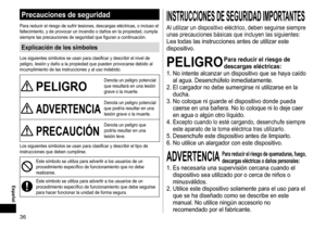 Page 3636
 Español
Precaucionesdeseguridad
Para	reducir	el	riesgo	de	sufrir	lesiones,	descargas	eléctricas,	o	incluso	el	fallecimiento,	y	de	provocar	un	incendio	o	daños	en	la	propiedad,	cumpla	siempre	las	precauciones	de	seguridad	que	figuran	a	continuación.
Explicacióndelossímbolos
Los	siguientes	símbolos	se	usan	para	clasificar	y	describir	el	nivel	de	peligro,	lesión	y	daño	a	la	propiedad	que	pueden	provocarse	debido	al	incumplimiento	de	las	instrucciones	y	al	uso	indebido.
PELIGRO...