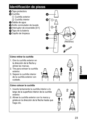 Page 23 3
Español
Identificación de piezas
A Tapa protectoraB Cuchilla
1  Cuchilla exterior
2  Cuchilla interior
C Salida de aguaD Anillo conmutador de lavadoE Interruptor de encendido [0/1]F Tapa de la bateríaG Cepillo de limpieza
(Reverso)







Cómoretirarlacuchilla
1.  Gire la cuchilla exterior en 
la dirección de la flecha y 
alinee las marcas.
2.  T ire para extraer la cuchilla 
exterior

.
3.  Separe la cuchilla interior 
de la cuchilla exterior con 
cuidado.
1
2
3...
