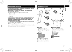 Page 117117
Avsedd användning
• Denna trimsax är utformad för professionell trimning av hår. Den kan 
användas med laddningsbart batteri.
• Applicera olja på punkterna som markerats, före och efter varje 
användning. (Se sidan 120.) 
Om olja inte appliceras kan följande problem uppstå.
- Klipparen är slö.- Förkortad drifttid.- Högre ljud.• Använd inte thinner, bensin, alkohol eller andra kemikalier. Detta kan 
orsaka funktionsfel, sprickor eller missfärgning på huvuddelen. Gö\
r 
endast rent huvuddelen med en...