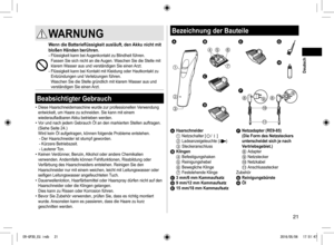 Page 2121
WARNUNG
Wenn die Batterieflüssigkeit ausläuft, den Akku nicht mit 
bloßen Händen berühren.
- Flüssigkeit kann bei Augenkontakt zu Blindheit führen. 
Fassen Sie sich nicht an die Augen. Waschen Sie die Stelle mit 
klarem Wasser aus und verständigen Sie einen Arzt.
- Flüssigkeit kann bei Kontakt mit Kleidung oder Hautkontakt zu 
Entzündungen und Verletzungen führen.  
Waschen Sie die Stelle gründlich mit klarem Wasser aus und 
verständigen Sie einen Arzt.
Beabsichtigter Gebrauch
• Diese...