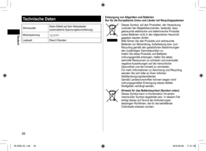 Page 2626
Technische Daten
StromquelleSiehe Etikett auf dem Netzadapter.
(automatische Spannungskonvertierung)
Motorspannung 1,2 V
LadezeitEtwa 8 Stunden
Entsorgung von Altgeräten und Batterien Nur für die Europäische Union und Länder mit Recyclingsystemen
Dieses Symbol, auf den Produkten, der Verpackung 
und/oder den Begleitdokumenten, bedeutet, dass 
gebrauchte elektrische und elektronische Produkte 
sowie Batterien nicht in den allgemeinen Hausmüll 
gegeben werden dürfen.
Bitte führen Sie alte Produkte und...