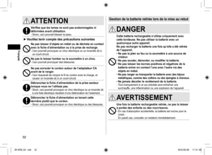 Page 3232
ATTENTION
Vérifiez que les lames ne sont pas endommagées ni 
déformées avant utilisation.
- Sinon, ceci pourrait blesser la peau.
 
► Veuillez tenir compte des précautions suivantes
Ne pas laisser d’objets en métal ou de déchets en contact 
avec la fiche d’alimentation ou à la prise de recharge.
- Ceci pourrait provoquer un choc électrique ou un incendie dû à \
un court-circuit.
Ne pas le laisser tomber ou le soumettre à un choc.- Ceci pourrait provoquer des blessures.
Ne pas enrouler le cordon...