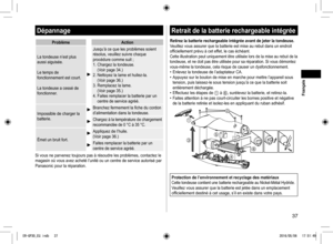 Page 3737
Dépannage
ProblèmeAction
La tondeuse n’est plus 
aussi aiguisée.
Le temps de 
fonctionnement est court.
La tondeuse a cessé de 
fonctionner.
Jusqu’à ce que les problèmes soient 
résolus, veuillez suivre chaque 
procédure comme suit ;
1.   Chargez la tondeuse.  
(Voir page 34.)
2.   Nettoyez la lame et huilez-la.  
(Voir page 36.) 
3.   Remplacez la lame.  
(Voir page 35.)
4.   Faites remplacer la batterie par un 
centre de service agréé.
Impossible de charger la 
batterie.
Branchez fermement la fiche...