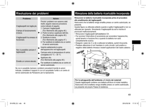 Page 4949
Risoluzione dei problemi
ProblemaAzione
Il tagliacapelli non taglia più.
Il tempo di funzionamento 
è breve.
Il tagliacapelli ha smesso di 
funzionare.
Finché i problemi non saranno stati 
risolti, seguire ciascuna procedura 
come indicato di seguito;
1.  Caricare il tagliacapelli.  
(Far riferimento alla pagina 46.)
2.   Pulire la lama e applicare dell’olio.  
(Far riferimento alla pagina 48.) 
3.   Sostituire la lama.  
(Far riferimento alla pagina 47.)
4.   Far sostituire la batteria da un centro...