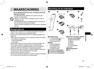 Page 5757
WAARSCHUWING
Als de batterijvloeistof lekt, mag u de batterij niet met de 
blote hand aanraken.
- De batterijvloeistof kan blindheid veroorzaken als de ogen 
hiermee in contact komen. 
Wrijf niet in uw ogen. Spoel onmiddelijk met schoon water en 
raadpleeg een arts.
- De batterijvloeistof kan een ontsteking of letsel veroorzaken als 
het in contact komt met de huid of kleding.  
Spoel de vloeistof onmiddelijk af met schoon water en raadpleeg 
een arts.
Beoogd gebruik
• Deze trimmer is ontworpen voor...