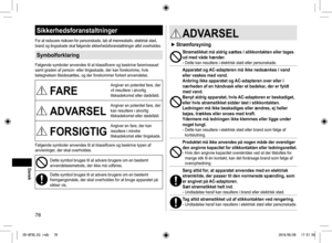 Page 7878
Sikkerhedsforanstaltninger
For at reducere risikoen for personskade, tab af menneskeliv, elektrisk stød, 
brand og tingsskade skal følgende sikkerhedsforanstaltninger altid ov\
erholdes.
Symbolforklaring
Følgende symboler anvendes til at klassificere og beskrive fareniveauet 
samt graden af person- eller tingsskade, der kan forekomme, hvis 
betegnelsen tilsidesættes, og der forekommer forkert anvendelse.
FARE
Angiver en potentiel fare, der 
vil resultere i alvorlig 
tilskadekomst eller dødsfald....