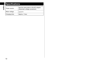 Page 1212
EnglishSpe\fifi\fations
Power sourceSee t\fe name plate \Ron t\fe AC adaptor.
(Automatic voltage conversion)
Motor voltage 3.6
 
V
C\farging time Approx. 1 \four  