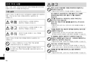 Page 1414
한글
안전 주의 사항
부상 , 사망 , 감전 , 화재 및 재산상의 피해 위험을 줄이려면 항상 
다음의 안전 주의 사항을 준수하십시오 .
기호 설명
다음의 기호는 지시를 무시하고 부적절하게 사용할 경우 발생하는 
위험 , 부상 및 재산 피해 수준을 분류하고 설명하는 데 
사용됩니다 .
위험심각한 부상이나 사망을 초래하는 
잠재적인 위험을 나타냅니다 .
경고심각한 부상이나 사망을 초래할 수 있는 
잠재적인 위험을 나타냅니다 .
주의경미한 부상을 초래할 수 있는 위험을 
나타냅니다 .
다음의 기호는 준수할 지침 유형을 분류하고 설명하는 데 
사용됩니다 .
이 기호는 수행해서는 안 되는 특정 작동 절차를 
사용자에게 알리는 데 사용됩니다 .
이 기호는 기기를 안전하게 작동하기 위해서 반드시 
준수해야 하는 특정 작동 절차를 사용자에게 알리는 데 
사용됩니다 .
경고 
젖은 손으로 어댑터를 가정용 콘센트에 연결하거나 분리하지 마십시오 .-	 이렇게 하면 감전이나 부상을 초래할 수 있습니다 .
AC...