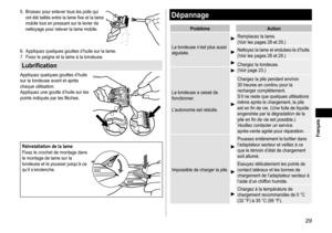 Page 2929
 Français
5.	Brossez	pour	enlever	tous	les	poils	qui	ont	 été 	 taillés 	 entre 	 la 	 lame 	 fixe 	 et 	 la 	 lame 	
mobile

	 tout 	 en 	 pressant 	 sur 	 le 	 levier 	 de 	
nettoyage

	 pour 	 relever 	 la 	 lame 	 mobile.
6.	 Appliquez	quelques	gouttes	d’huile	sur	la	lame.
7.	 Fixez 	 le 	 peigne 	 et 	 la 	 lame 	 à 	 la 	 tondeuse.
Lubrification
Appliquez	quelques	gouttes	d’huile	sur	 la 	 tondeuse 	 avant 	 et 	 après 	
chaque

	 utilisation.
Appliquez
	 une 	 goutte 	 d’huile 	 sur 	 les...