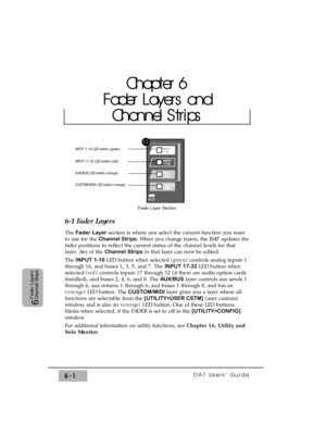 Page 104DA7 Users’ Guide6-1
6
Fader Layers
Channel Strips
6-1 Fader Layers
The Fader Layersection is where you select the current function you want
to use for the Channel Strips. When you change layers, the DA7updates the
fader positions to reflect the current status of the channel levels for that
layer. Any of the Channel Stripsin that layer can now be edited.
The INPUT 1-16LED button when selected (green)controls analog inputs 1
through 16, and buses 1, 3, 5, and 7. The INPUT 17-32LED button when
selected...