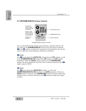 Page 1359-2 DYNAMICS/DELAY Section Controls
You can discretely provide dynamics processing to a selected channel. The
two knobs in the DYNAMICS/DELAY section of the Top Panel are labeled
and  , which correspond to surround sound parameters, but are also
used to adjust the various dynamics attributes as indicated.
Knob
The  knob adjusts the[GATE] THL(threshold) and AT K(attack), as well
as the [COMPRESSOR] THL (threshold), ATK (attack), and DLY (Delay)
parameters. When the  mode is selected in the [SURROUND]...