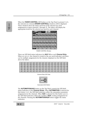 Page 150When the FADER CONTROLLED button on the Top Panel is pressed (red),
the selected aux channel [FADER CONTROL]windows will be displayed.
These windows show the status and level of the selected aux send
assignments to input channels 1 through 32. The faders will display the
appropriate levels for the selected aux send for each channel.
There are LED field status indicators forAUX 1-6on each Channel Strip.
When on (green), the channel is routed to the aux send indicated, and there
can be multiple assignments...