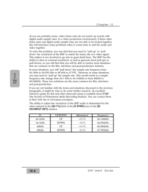 Page 181As you are probably aware, video frame rates do not match up exactly with
digital audio sample rates. In a video production environment, if these video
frame rates and digital audio sample rates are not able to be locked together,
this will introduce many problems when it comes time to edit the audio and
video together.
To solve this problem, you may find that you need to pull up or pull
down the wordclock of the DA7 to match the frame rate of a video signal.
This subject is too involved to go into in...