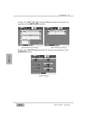 Page 194Section 13-3 MUTE GRP (Mute Group) Windowsdetails the elements and
operations of the [MUTE GRP]windows.
Section 13-4 LINK/STR Windowdetails the elements and operations of the
[LINK/STR]window.Chapter 13 
DA7 Users’ Guide13-2
13
Group
MUTE GROUP Output Window                                   MUTE GROUP Input Window
LINK/STR Window 