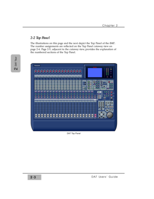 Page 242-2 Top Panel
The illustrations on this page and the next depict the Top Panel of the DA7.
The number assignments are reflected on the Top Panel cutaway view on
page 2-4. Page 2-5, adjacent to the cutaway view, provides the explanation of
the numbered sections of the Top Panel.Chapter 2 
DA7 Users’ Guide2-3
2 
DA7 Tour
 /CURSOR
1 2 3 4 5 6 7 8 9 10 11 12 13 14 15 16
BUS 2BUS 4BUS 6BUS 8
25 26 27 28 29 30 31 32 17 18 19 20 21 22 23 24
 MONITOR A
 MONITOR B
SOLO
MONITOR
2TR AL/R
 MONITOR  AL/R
2TR BAUX...