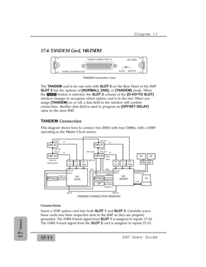 Page 254Chapter 17
DA7 Users’ Guide17-1117
Options
17-6 TANDEM Card, WR-TNDM
The TANDEM card is for use only with SLOT 3on the Rear Panel of the DA7.
SLOT 3has the options of [NORMAL], [INS], or [TANDEM]mode. When
the  button is selected, the SLOT 3column of the [D-I/O>TO SLOT]
window changes to recognize which option card is in the slot. When you
assign [TANDEM]on or off, a data field in the window will confirm
connection. Another data field is used to program an [OFFSET DELAY]
value to the slave DA7....