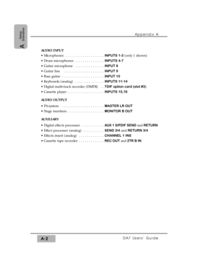 Page 263AUDIO INPUT
• Microphones  . . . . . . . . . . . . . . . . . . . .INPUTS 1-3 (only 1 shown)
• Drum microphones  . . . . . . . . . . . . . . .INPUTS 4-7
• Guitar microphone  . . . . . . . . . . . . . . .INPUT 8
• Guitar line   . . . . . . . . . . . . . . . . . . . . .INPUT 9
• Bass guitar  . . . . . . . . . . . . . . . . . . . . . .INPUT 10
• Keyboards (analog)  . . . . . . . . . . . . . . .INPUTS 11-14
• Digital multi-track recorder (DMTR)  . .TDIF option card (slot #3)
• Cassette player  . . . . . . . ....