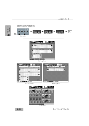 Page 277Appendix B
DA7 Users’ GuideB-12
B 
LCD Screen
Displays
SOLO
MONITOR
UTILITY MIDID-I/O
GROUP
AUTOMATIONSET UP
Setup Section Group
Button
Fader Group Window           Mute Group Window                Link/STR Window
Return to
First
Window
GROUP, SETUP SECTION
Fader Group Window
Mute Group WindowMute Group Window
Link/STR Window 