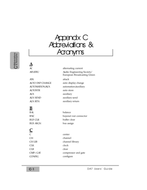 Page 281DA7 Users’ GuideC-1
C
Abbreviations
& Acronyms
Appendix C
Abbreviations &
Acronyms
A
AC
AES/EBU
AT K
AUTO DSP CHANGE
AUTOMATION/AUX
AUTOSTR
AUX
AUX SEND
AUX RTN
B
BAL
BNC
BUF CLR
BUS ASGN
C
C
CH
CH LIB
CLK
CLR
CMP+GAT
CONFIG
alternating current
Audio Engineering Society/
European Broadcasting Union
attack
auto display change
automation/auxiliary
auto store
auxiliary
auxiliary send
auxiliary return
balance
bayonet nut connector
buffer clear
bus assign
center
channel
channel library
clock
clear
compressor...