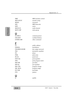 Page 284MMC
MON SETUP
MONO
MTC
MTR
MULTI-CH 
MUTE GRP
O
OL PRTCT
OSC/BATT
OTHER CMD
P
PA
PAN/BAL
PAN/ASSIGN/SURR
PEQ
PH
PINK
PK LVL
POST EQ
PPM
PRE FDR
PRE EQ
PRG CHG
PRG ASGN
PST FDR
PTN
Q
QAppendix C
DA7 Users’ GuideC-4
C
Abbreviations
& Acronyms
MIDI machine control
monitor setup
monaural
MIDI timecode
meter
multi channel
mute group
overload protect
oscillator/battery
other command
public address
pan/balance
pan assign surround
parametric equalizer
phase
pink noise
peak level
post-equalizer
peak program...