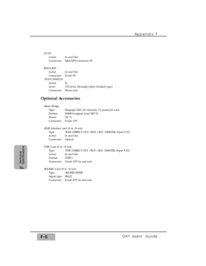 Page 305Appendix F
DA7 Users’ GuideF-5
F
Technical
Specifications
TO PC
in/out: In and Out
Connector: Mini-DIN Connector 8P
RS422/485
in/out: In and Out
Connector: D-sub 9P
FOOT SWITCH
in/out: In
Level: TTL level, Normally Open (Unlatch type)
Connector: Phone jack
Optional Accessories
Meter Bridge
Type: Bargraph LED, 26 channels, 15 points for each
Format: RAMSA original Level NET II
Power: DC 7v
Connector: D-sub 15P
ADAT Interface card (8 in / 8 out)
Type: ADAT (DIRECT OUT / BUS / AUX / MASTER, Input 9-32)...