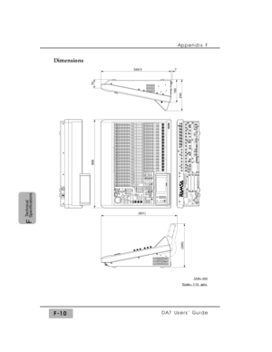 Page 310Appendix F
DA7 Users’ GuideF-10
F
Technical
Specifications
Dimensions
214365
214365
87L/RDIRECTBUS ASSIGN
AUX DYNAMICS / DELAY
PAN / ASSIGN/ 
SURROUND
EQUALIZER
MONITOR A
MONITORA LEVELMONITORB LEVELT. B.LEVELMIC
MONITOR BMONITOR A
ONTALK BACK
PARAMETER 1ABC 2LOOP
UTILITY MIDI D-I /O
GROUP
UNDO/REDO
MMC /CURSORWRITE
SCENE MEMORYREAD
STORE
LIBRARYRECALL AUTOMATION
SET UP
DEF 3
GHI 4 JKL 5 MNO 6
PORS 7SETTUV 8PLAY
STOP
RECENTERCURSOR
MODEREW
FF# 0WXY 9
SOLO
MONITOR10 010 010 0
-60 +10 -10
+410
10
20
30...